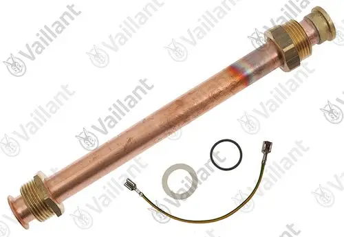 Vaillant Rohr mit zwei Anschlussgewinden, bestehend aus Kupfer, ergänzt durch eine Dichtung und Kabelanschluss.